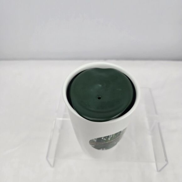 Starbucks 2014 Travel Mug Ceramic Lid White Strands Green Gold Circle Patch 12oz - Picture 8 of 9